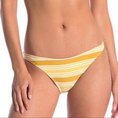 These Striped Low Rise Bikini Bottoms Offer Cheeky Coverage For A Sultry - Hipster Cut - Stripe Print - Lined - Cheeky Coverage - Imported Fiber Content 85% Nylon, 15% Spandex Yellow Bottoms For Poolside And Beach Season, Stretch Yellow Bottoms For Sunbathing, Yellow Bottoms For Poolside, Yellow Bottoms For Pool, Yellow Bottoms For Pool In Spring, Yellow Bottoms For Spring Pool Occasion, Yellow Spring Bottoms For Pool, Fitted Mustard Bottoms For Beach, Yellow Bottoms For Beach Season Sunbathing