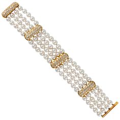 Four strand pearl bracelet featuring 88 cultured pearls that measure 6-6.5mm. The 18K yellow gold spacers contain 7.35 carats of diamonds, G-I color and VVS clarity. The bracelet measures 7 1/4 inches long and 1 1/16 inches wide. Closure slides and locks into place. Circa 1990s. Luxury Gold Plated Jubilee Pearl Bracelet, Luxury Vintage Jewelry With Spacer Beads, Elegant Pearl Jewelry, Pearl Bracelet Gold, Pearl Jewelry Design, Pearl Jewelry Wedding, Old Jewelry, Pearl Diamond, Beading Tutorials