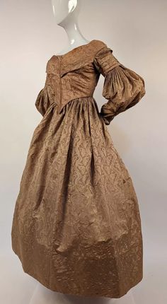 1830’S GOLDEN FIGURED SILK DRESS W FAN FRONT & GIGOT SLEEVES | eBay Gold Fitted Victorian Dress Costume, Gold Fitted Victorian Costume Dress, Elegant Vintage Fall Costume Dress, Elegant Fall Costume Vintage Dress, Elegant Vintage Dress For Fall Costume, Formal Bishop Sleeve Dress With Ruffles, Formal Dresses With Ruffles And Bishop Sleeves, Elegant Fall Vintage Costume Dress, Formal Ruffled Dress With Bishop Sleeves