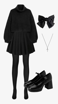 Black And White Academia Outfits, Girly Black Outfits, Dark Preppy Outfits, Black Coquette Outfit, Prep Goth, Classy Fashion, Goth Outfits, Mode Inspo, Rich Colors