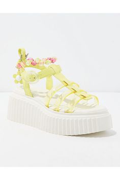 Synthetic upper, lining and sole/Translucent straps/Colorful beads & flower charm/Platform sole/Not eligible for promotions | Only ships within the USA Floral Platform Sandals, Flower Shopping Outfit, Adjustable Plastic Sandals For Spring, Cute Platform Shoes, Rave Shoes, Festival Shoes, Beads Flower, Cute Wedges, Fresh Shoes