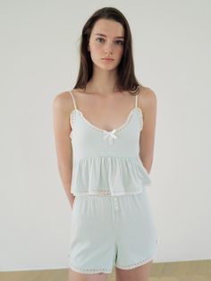 Composition : SLEVELESS- Shell: 65% polyester, 28% rayon, 7% spandex / SHORTS- Shell: 65% polyester, 28% rayon,Color : MINT_FREECountry of Origin : China Viscose Sleepwear For Summer, Feminine Short Tops For Summer, Feminine Short Sleepwear For Summer, Casual Mini-length Spring Sleepwear, Feminine Short Summer Sleepwear, Short Feminine Summer Tops, Feminine Short Summer Tops, Spring Sleepwear With Lace Trim In Short Length, Summer Viscose Sleepwear For Loungewear