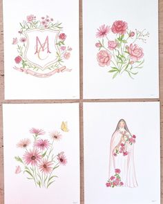 four greeting cards with pink flowers and the letter m on them, each decorated with a bride's bouquet