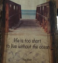 a sign on the side of a tree that says life is too short to live without the ocean