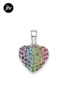 Rhodium over sterling silver children's heart pendant with rainbow nano crystal and polished finish. Measures approximately 9/16"L x 7/16"W. Personalized Heart-shaped Rainbow Jewelry, Personalized Rainbow Heart Jewelry, Sterling Silver Multicolor Jewelry With Heart Charm, Sterling Silver Multicolor Heart Beads Jewelry, Multicolor Sterling Silver Heart Beads Jewelry, Heart-shaped Multicolor Birthstone Jewelry, Multicolor Heart Charm Jewelry For Anniversary, Multicolor Heart Beads Sterling Silver Jewelry, Multicolor Heart-shaped Birthstone Jewelry