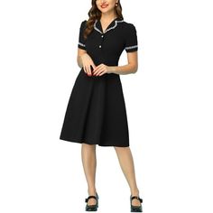 This dress is made up of several design points: peter pan collar, ruffled trim, short sleeve, fit and flare. Suit for summer and for many occasions, such as office, work and casual wearing. Wear it with your high heels for a full casual look. Fabric Details: 95% Polyester, 5% Spandex; Machine Wash Cold with Like Color. MODEL SHOW: Regular Fit. Wear in size XS. Measurement (in inches) International Size-----Chest Girth------Waist Girth------Shoulder Width------Total Length XS-----------33 1/2-----------26 3/4------------13 5/8----------38 1/8 S-------------35 3/8-----------28 3/4------------14 1/8----------38 5/8 M------------37 3/8-----------30 3/4------------14 5/8----------39 L-------------40 1/2-----------33 7/8------------15 1/2----------39 5/8 XL-----------43 3/4-----------37 -------- All Black Dress, Suit For Summer, Bohemian Floral Dress, Women Dresses Casual Summer, Collar Dresses, All Black Dresses, Boho Beach Dress, Peter Pan Collar Dress, Floral Dresses Short