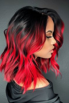 Bright Hair Colors Short Shoulder Length, Black To Pink Hair, Red And Black Hairstyles, Fall Short Hair Color, Highlights Ideas For Black Hair, Vivid Red Hair Color, Red Money Piece Hair, Cheyenne Core, Hair Color Ideas Red