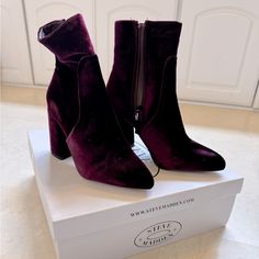 Steve Madden Pointed-Toe Block Heel Jaque Booties. 3.25 Inch Block Heel. 6.5 Inch Shaft; Pointed Closed-Toe Booties With Side Zippers. New In Box. Burgundy Ankle Boots For Winter, Burgundy Ankle-high Heeled Boots For Winter, Winter Burgundy Ankle-high Heeled Boots, Purple Pointed Toe Winter Boots, Trendy Burgundy Heeled Boots For Fall, Trendy Ankle-high Burgundy Boots, Purple Pointed Toe Heeled Boots For Winter, Burgundy Ankle-high Winter Boots, Burgundy Ankle Boots For Party