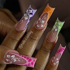 @cheryshpx Spring Sets Nails, Flower Incased Nails, Colorful Nail Ideas Acrylic, 90s Flower Nails, Nail Designs No Charms, Spring Y2k Nails, Spring Nails Baddie, Colorful Nail Designs Acrylics, All Different Color Nails