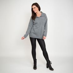 Featuring a relaxed fit, goes-with-anything gray color, and casual collared neck with front pocket, the Hudson Collared Sweater is perfect for every day wear with your favorite pair of jeans or leggings!