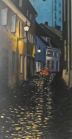 an oil painting of a city street at night with buildings on both sides and a yellow car in the middle