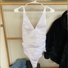 Nwt. Never Worn. Tried On Once. Zara - White Deep V Bodysuit With Ruched Back. Spring Party Bodysuit With Triangle Top, Summer V-neck Ruched Bodysuit, Spring Beachwear Bodysuit With Ruched Details, Spring Beachwear Ruched Bodysuit, Summer Ruched Bodysuit, Spring Ruched One-piece Bodysuit, Spring One-piece Ruched Bodysuit, Zara Summer Party Bodysuit, White Fitted Triangle Top Bodysuit