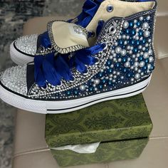 -Custom Blue Studded. Perfect Ensemble For Sneaker Ball Or Formal Size 8 And Gently Worn Maybe 2 Times. Silver High-top Sneakers With Bling, Bling Sneakers, Hightop Shoes, Sneaker Ball, Bling Converse, All Stars Converse, Womens Converse, Converse Shoes, Blue And Silver