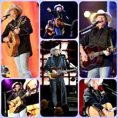 several pictures of the same man playing guitar and singing into microphones while wearing cowboy hats