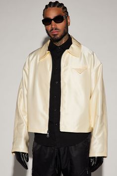 Available In Cream. Fold Down Collar Front Zipper Closure Side Hand Pockets Shell: 83% Polyester 17% Rayon Lining: 100% Polyester Imported | Mens U Get Me Satin Cropped Jacket in Cream size 3XL by Fashion Nova Cream Fashion, Cropped Jacket, Crop Jacket, Casual Jacket, Front Zipper, Fashion Nova, Mens Jackets, Satin, Mens Outfits