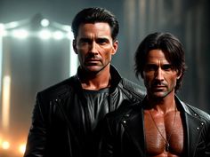 two men in leather jackets standing next to each other