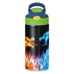 thermos bottle with handles and handle is shown in blue, yellow and orange flames