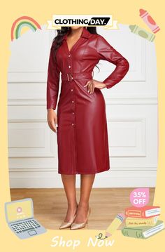 Red Bodycon Belted Long Sleeve Dress Fall Sheath Dress In Solid Color, Fitted Solid Red Midi Dress, Fall Solid Color Sheath Midi Dress, Fall Bodycon Dress With Button Closure, Red Non-stretch Dress For Fall, Red Midi Dress For Fall Office Wear, Red Midi Dress For Office In Fall, Chic Slim Fit Dress For Fall, Red Party Dress With Button Closure