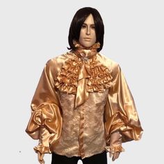 Excited to share this item from my #etsy shop: New Gold Gothic Ruffle- Trimmed Satin& Lace Details Men’s Dress Shirt in Sizes S M L XL XXL 3XL #shirt Long Sleeve Blouse With Ruffles For Costume, Long Sleeve Ruffled Blouse For Costumes, Elegant Ruffled Shirt For Party, Fall Satin Shirt With Button Cuffs, Elegant Long Sleeve Blouse For Costume Party, Fall Satin Top With Ruffles, Fall Satin Ruffled Tops, Fall Satin Ruffle Tops, Fitted Gold Blouse With Ruffles