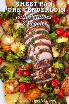 sheet pan pork tenderloin with potatoes and veggies on a white platter