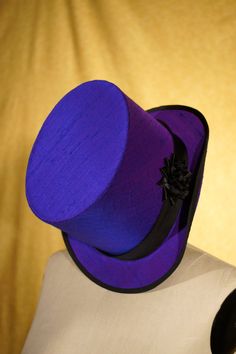 Purple Silk Top Hats----Completely Hand Sewn Custom Formal Hat With Short Brim, Bespoke Flat Brim Hat, High Crown Fitted Hat For Costume, Fitted High Crown Hat For Costumes, Custom Formal Hat For Kentucky Derby, Custom Hat For Kentucky Derby, Fitted Top Hat With Curved Brim For Costume, Custom Fitted Brimmed Top Hat, Custom Fitted Brimmed Hat