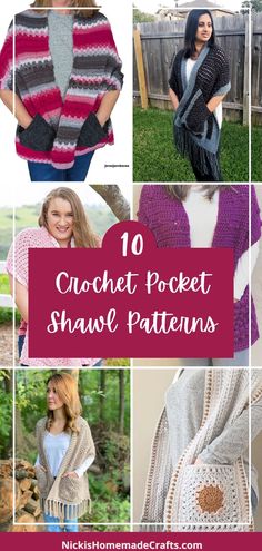 crochet pocket shawl patterns with text that reads 10 crochet pocket shawl patterns