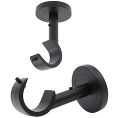 an image of a pair of black metal hooks on a wall or ceiling mounted toilet paper holder