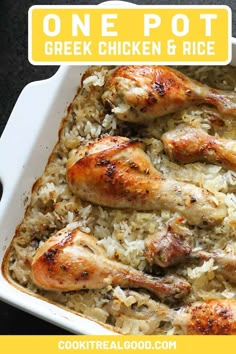 chicken and rice in a casserole dish on top of a black countertop