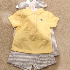 New! Little Me Baby Boy 3pc Dresswear Set Sz 12m 1 Short Sleeve Polo Shirt 1 Pair Of Striped Gray And White Shorts 1 Short Overall With Embroidered Colorful Whales Refer To Pictures As Part Of Description Bundle With Other Items To Save On Shipping Yellow Cotton Sets For Spring, Cute Yellow Cotton Sets, Playful Yellow Short Sleeve Sets, Cute Yellow Short Sleeve Clothing Sets, Cute Yellow Sets With Short Sleeves, Cute Yellow Set With Short Sleeves, Cute Yellow Short Sleeve Sets, Playful Fitted Yellow Sets, Playful Yellow Fitted Sets