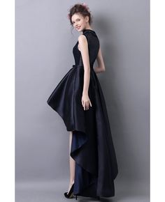 Buy Dark Navy Blue High Low Satin Chic Prom Dress V-neck With Collar at wholesale price online. Free shipping and pro custom service since 2009. Prom Dresses Long Strapless, Prom Dress With Lace, Chic Prom Dresses, Lace Beading, Formal Prom Dress, Junior Prom Dresses, Prom Dresses With Sleeves, Cheap Prom Dresses, Prom Dresses Blue