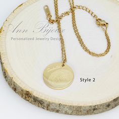 "Personalized Actual Fingerprint Stainless Steel Round Pendant Necklace. It`s perfect Birthday, Bridesmaids gift or Christmas gift for your Mom & Someone Special. This stainless steel round pendant can be engraved on one or both sides and No Tarnish ❤ You can send the fingerprint image with your order number after ordering. ❤ D E T A I L S 1. Stainless Steel Disc: 20 x 20mm 2. Stainless Steel Chain: 17\" + 3\"( extention ) ❤ How to Order STEP 1: Please select a necklace style and engraving s Etched Necklace For Mother's Day, Etched Necklace For Mother's Day Gift, Mother's Day Gift Etched Necklace, Etched Round Necklace As Gift, Round Etched Necklace As Gift, Engraved Necklace For Keepsake Gift, Laser Engraved Round Pendant Jewelry For Gifts, Gold Necklaces With Engraving Option For Birthday Gift, Gold Necklace With Engraving Option For Birthday Gift