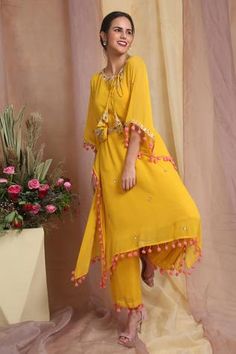 Shop for Miku Kumar Yellow Georgette Hand Embroidered Kurta Set for Women Online at Aza Fashions Embellished Georgette Kurta For Summer, Festive Kaftan With Gota Work For Navratri, Festive Party Kaftan With Gota Work, Festive Gota Work Kaftan For Navratri, Festive Yellow Embellished Kurta, Embroidered Anarkali Tunic Palazzo Set, Anarkali Embroidered Palazzo Set With Tunic, Designer Mirror Work Kaftan For Festivals, Designer Yellow Embellished Kurta