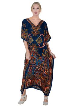 PRICES MAY VARY. Stylish Beach Kaftan Coverups: Our blue kaftan dresses for women are perfect for sun protection at the beach or poolside lounging, offering a chic and trendy look. Versatile Kaftan Maxi Dresses: Ideal for a range of occasions, from evening wear to summer office attire, long holiday dresses, these kaftans with elbow-length Batwing sleeves add a touch of elegance to your wardrobe. Size Inclusivity: Offering a wide range of sizes from S to 3XL, our plus size kaftans ensure a comfor Blue Bohemian Resort Cover-up, Summer V-neck Kaftan For Pool, Blue V-neck Kaftan For Beach Season, Blue Printed Resort Cover-up, Blue Printed Cover-up For Resort, Bohemian V-neck Kaftan For Pool, Blue V-neck Kaftan For Beach Cover-up, Long Blue Printed Beach Dress, V-neck Maxi Dress For Pool And Beach Season