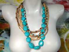 COUPON CODE SALE 25 off  Multi Strand Beaded by LiaJewelryDesigns, $325.00 Unique Multi-strand Turquoise Necklace, Artisan Turquoise Necklace With Wooden Beads, Bamboo Beads, Necklace Turquoise, Chunky Necklace, Multi Strand Necklace, Fort Myers, Turquoise Beads, Strand Necklace