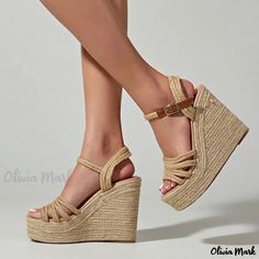 Olivia Mark - Elegant Beige Braided Open Toe Ankle Strap Wedge Espadrilles with a Chic Touch Casual Espadrille High Heel Wedge Sandals, Casual Ankle-high Wedge Sandals For Summer, Straw Wedge Sandals With Flat Heel, Straw Wedge Sandals With Flat Heel And Platform, Summer High Heel Espadrille Wedge Sandals, Straw Platform Wedge Sandals, High Heel Espadrille Wedge Sandals For Summer, Summer Espadrille Wedge Sandals With High Heel, Casual High Heel Straw Wedge Sandals