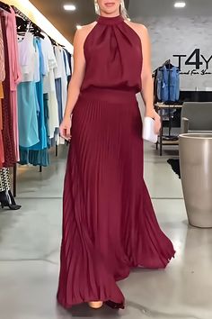 Red Casual Solid Patchwork Backless Fold Halter Straight Dresses Elegant Solid Color Dresses For Going Out, Elegant Solid Color Dress For Going Out, Elegant Dresses For Going Out In Solid Color, Chic Burgundy Maxi Dress, Chic Red Non-stretch Maxi Dress, Chic Red Maxi Dress, Chic Non-stretch Red Maxi Dress, Chic Non-stretch Red Dresses, Chic Red Non-stretch Dress