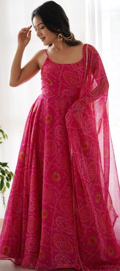 Pink and Majenta color Gown in Chiffon fabric with Bandhej, Digital Print work अनारकली सूट, Bandhani Dress, Printed Anarkali, Gown With Dupatta, Printed Gowns, Full Length Gowns, Pure Chiffon, Pink Gowns, Anarkali Dress