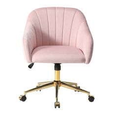 a pink office chair with gold wheels and casteors