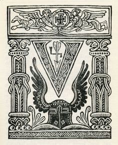 an ornate design in black and white, with the letter v on it's side