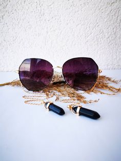 🙌Handmade sunglasses without temples. Temples are changed to chain with unique decorations.   ⭐Good quality purple-black sunglasses with uv400 protection. Gold color chains with shiny black crystal pendants. 😎 Holds perfectly on the nose, and when the glasses are not worn, just throw over the neck and it will be a wonderful piece of jewelry Gradient Glass Sunglasses As A Gift, Black Sunglasses With Tinted Lenses For Gift, Black Sunglasses With Tinted Lenses As Gift, Gradient Lens Glass Sunglasses As Gift, Black Metal Sunglasses For Party, Black Tinted Sunglasses As A Gift, Black Metal Sunglasses For Parties, Black Glasses Chains For Party In Summer, Black Glasses Chains For Summer Parties