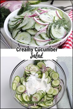 cucumber salad with ranch dressing in a bowl and on the side, there is an image of sliced cucumbers