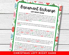 an ornament exchange letter game is shown with the christmas lett right game