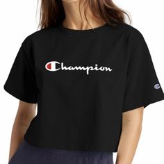 Champion, Heritage Cropped Tee, Script Logo Size Small Color Black Soft, All Cotton Jersey. Loose, Boxy Fit Through The Body With Relaxed Dropped Shoulders. Cropped Approx. 20-Inch Length. Double-Needle Construction Throughout. C Patch Logo On Sleeve. Sport Look, Black Crop Tee, Script Logo, Logo Black, Cropped Tee, Black Crop, Crop Tshirt, Vintage Logo, Crop Tee