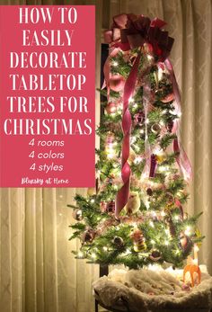 a decorated christmas tree with pink bows and lights in the corner is featured for an article on how to easily decorate tabletop trees for christmas