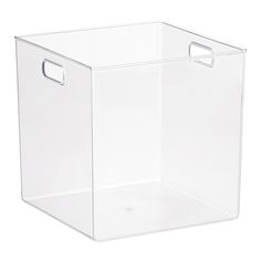 a clear plastic storage box with handles on the sides and bottom, for storing items