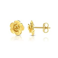 Bring nature-inspired beauty and elegance to any look when you wear these sweet rose stud earrings in 14K gold. Fashioned in 14K gold Each sculpted earring features a blooming rose with layers of polished petals. These post earrings secure comfortably with friction backs. Royal Chain, Romantic Earrings, Rose Stud Earrings, Jewelry Wardrobe, Botanical Earrings, Rose Gold Earrings Studs, Simple Stud Earrings, Unusual Earrings, Solid Gold Earrings