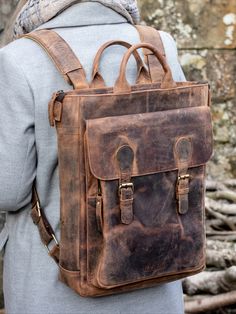 Women's leather laptop bag worn by a woman in a blue coat Leather Laptop Tote Bag, Womens Rucksack, Laptop Backpack Women, Leather Laptop Backpack, Laptop Tote Bag, Backpack For Women, Leather Rucksack, Women Leather Backpack