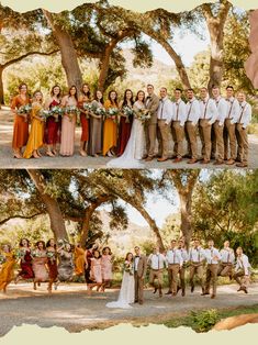 the wedding party is posing for pictures under the trees