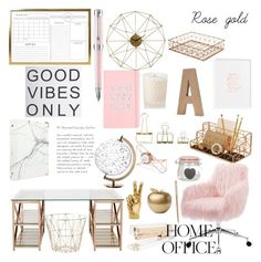 a collage with gold, pink and white decor on it's side table