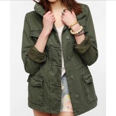 Urban Outfitters Ecot Brand Army Green Surplus Jacket Circa 2012. Has An Internal Drawstring At The Waist For A More Feminine And Fitted Look. 100% Cotton Shell, 65% Polyester/35% Cotton Lining. Brand New With Tags And Extra Button, Unworn, Perfect Condition Green Parka For Fall, Green Long Sleeve Parka For Fall, Green Fall Parka, Casual Green Parka, Khaki Spring Parka, Long Sleeve Khaki Parka For Spring, Khaki Long Sleeve Parka For Spring, Khaki Long Sleeve Spring Parka, Green Fall Parka For Workwear